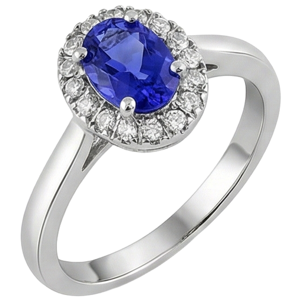 17 Karat Oval Tansanit mit runden Aus der Erde Abgebauter Natürlicher Diamanten Ring Gold Weiß 14K