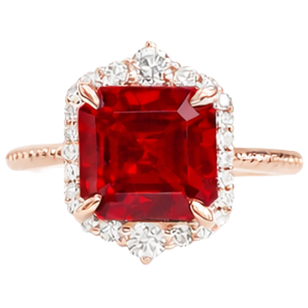 17 Karat großer Asscher-förmiger roter Rubin- und Aus der Erde Abgebauter Natürlicher Diamantring Gold 14K