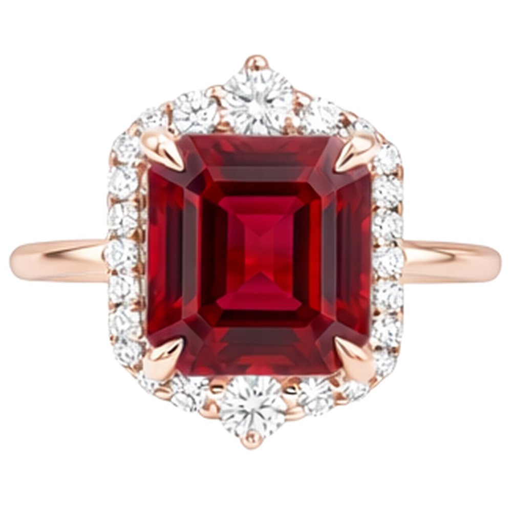 17 Karat großer Asscher-förmiger roter Rubin- und Aus der Erde Abgebauter Natürlicher Diamantring Gold 14K