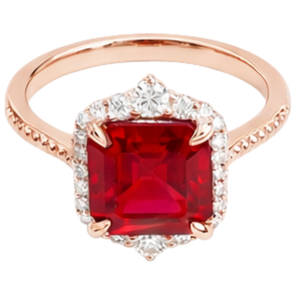 17 Karat großer Asscher-förmiger roter Rubin- und Aus der Erde Abgebauter Natürlicher Diamantring Gold 14K