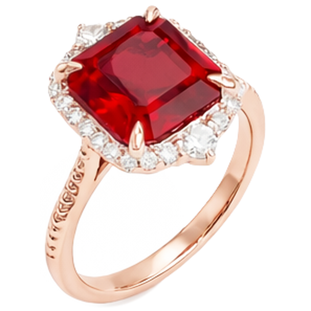 17 Karat großer Asscher-förmiger roter Rubin- und Aus der Erde Abgebauter Natürlicher Diamantring Gold 14K