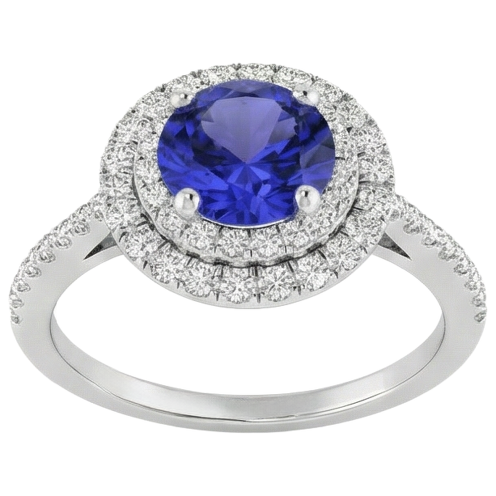 19 Kt. Rundschliff Tansanit Und Aus der Erde Abgebauter Natürlicher Diamanten Ehering 14K Weißgold