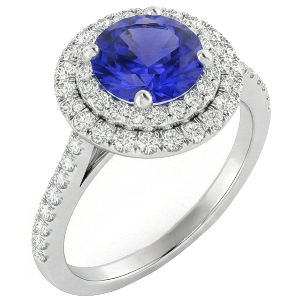 19 Kt. Rundschliff Tansanit Und Aus der Erde Abgebauter Natürlicher Diamanten Ehering 14K Weißgold