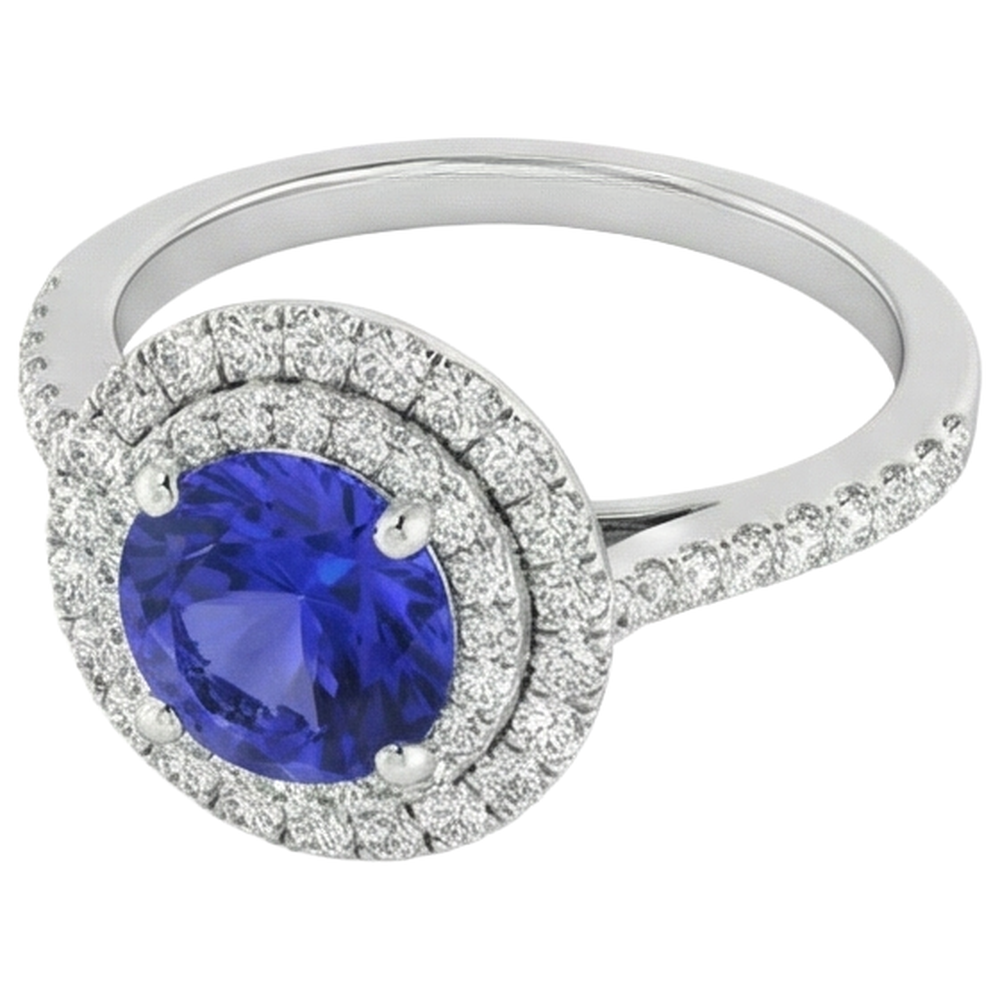 19 Kt. Rundschliff Tansanit Und Aus der Erde Abgebauter Natürlicher Diamanten Ehering 14K Weißgold