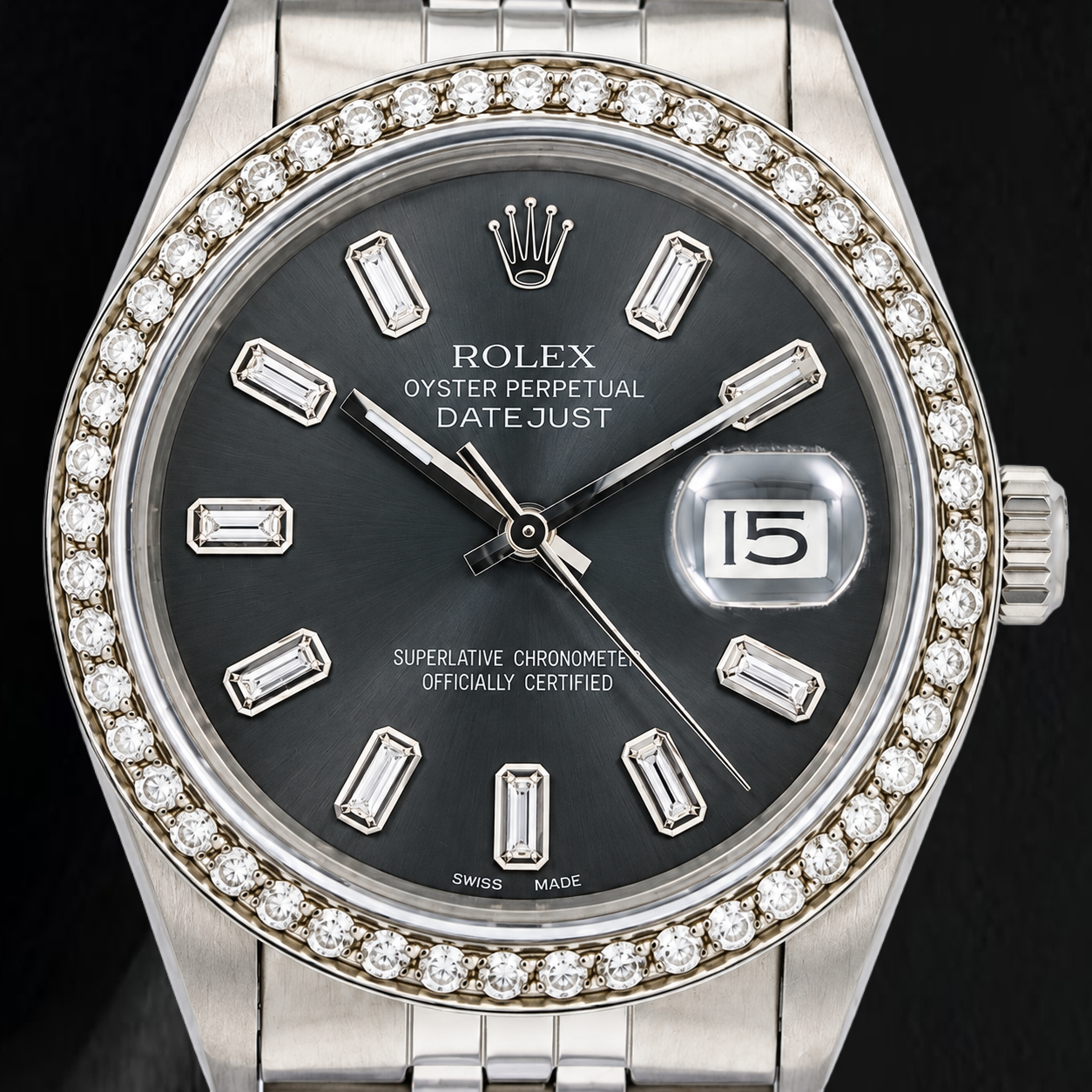 Rolex Datejust 16014 36 mm Uhr aus Edelstahl mit grauem Diamantzifferblatt