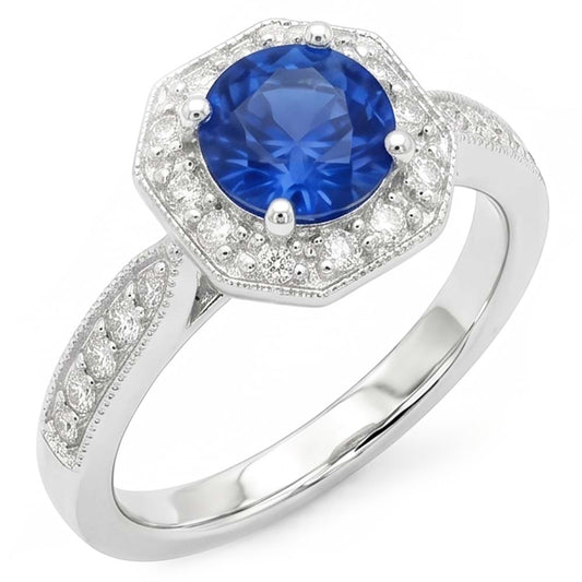 1,5 Karat Saphir und Aus der Erde Abgebauter Natürlicher Diamant Ehering 14K Weißgold