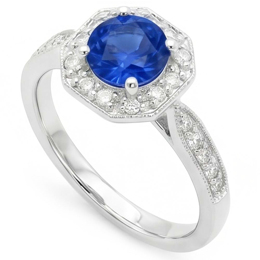 1,5 Karat Saphir und Aus der Erde Abgebauter Natürlicher Diamant Ehering 14K Weißgold