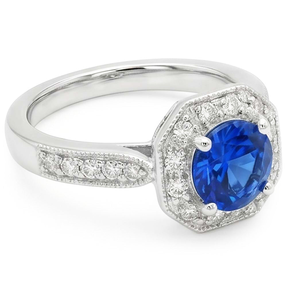 1,5 Karat Saphir und Aus der Erde Abgebauter Natürlicher Diamant Ehering 14K Weißgold