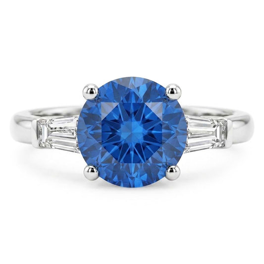 1,5 Kt. Sri Lanka Saphir und Baguette Aus der Erde Abgebauter Natürlicher Diamantring mit 3 Steinen