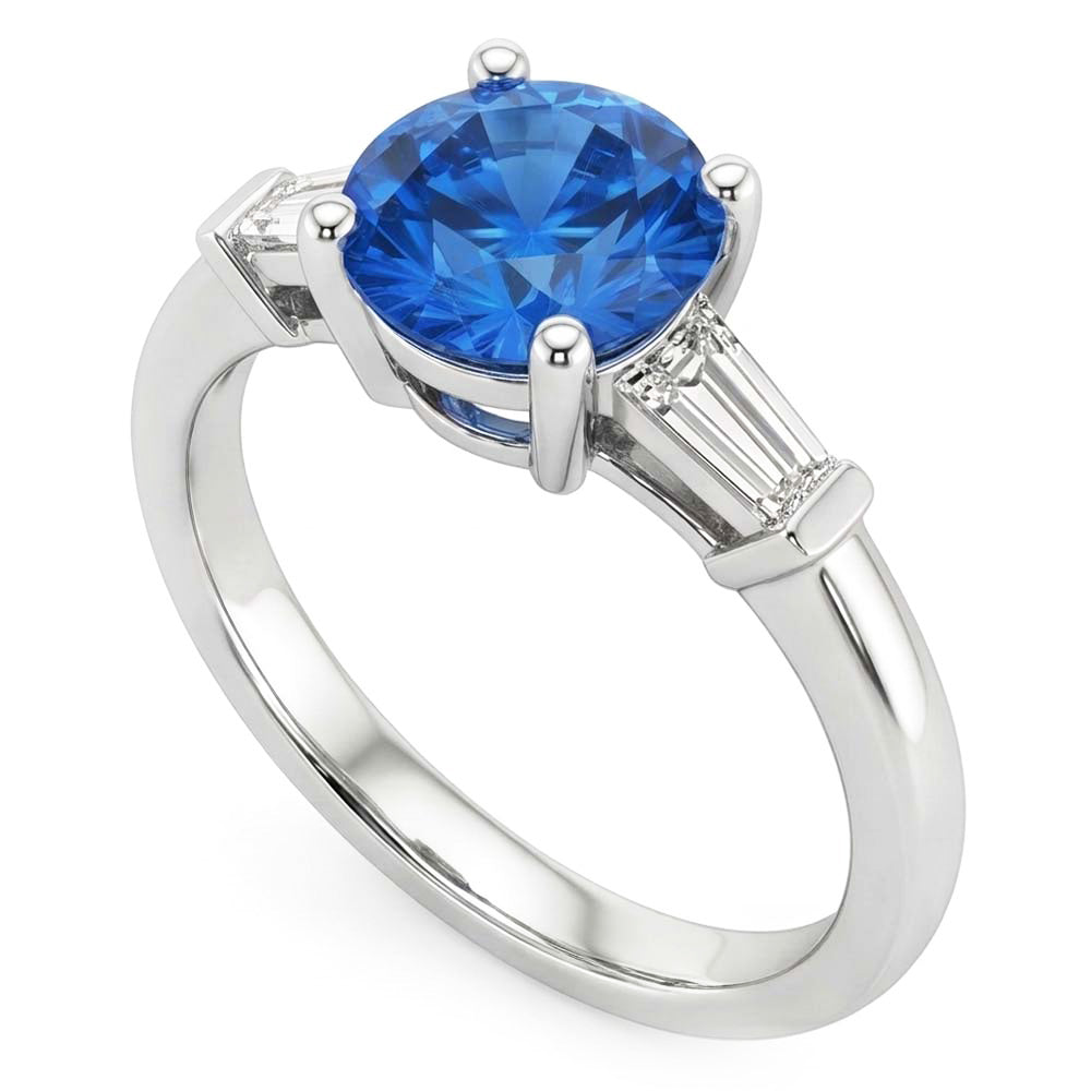 1,5 Kt. Sri Lanka Saphir und Baguette Aus der Erde Abgebauter Natürlicher Diamantring mit 3 Steinen