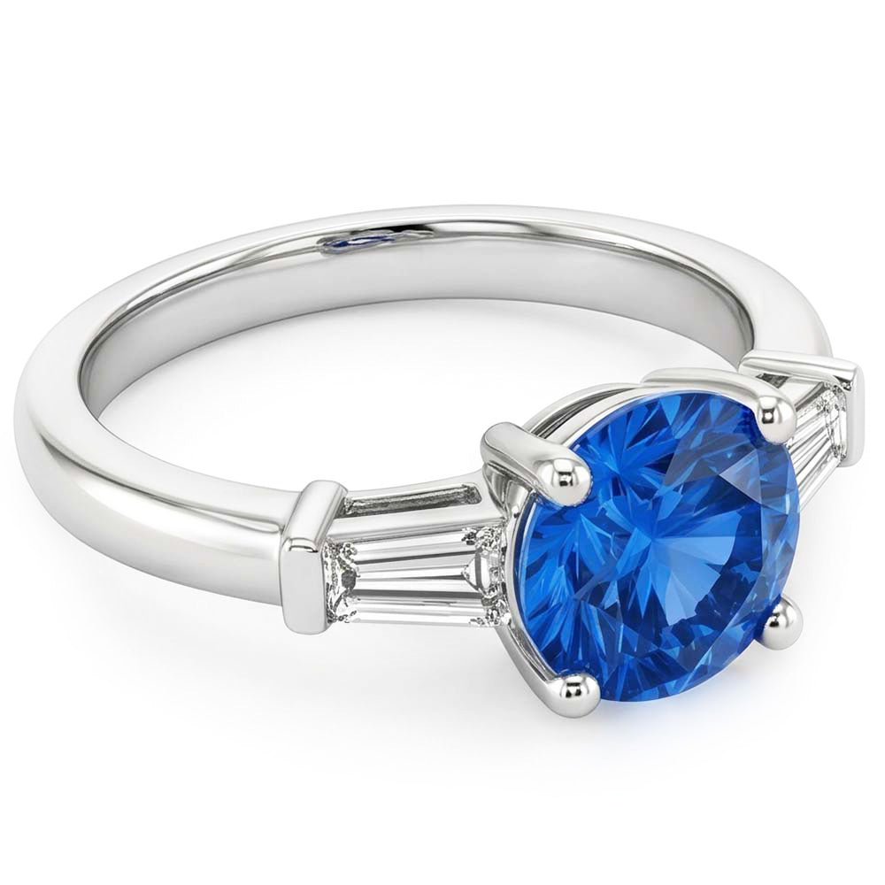 1,5 Kt. Sri Lanka Saphir und Baguette Aus der Erde Abgebauter Natürlicher Diamantring mit 3 Steinen