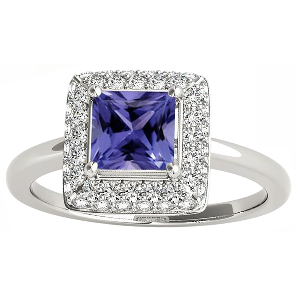 1,50 Kt Princess Cut Tansanit mit Aus der Erde Abgebauter Natürlicher Diamantring Weißgold