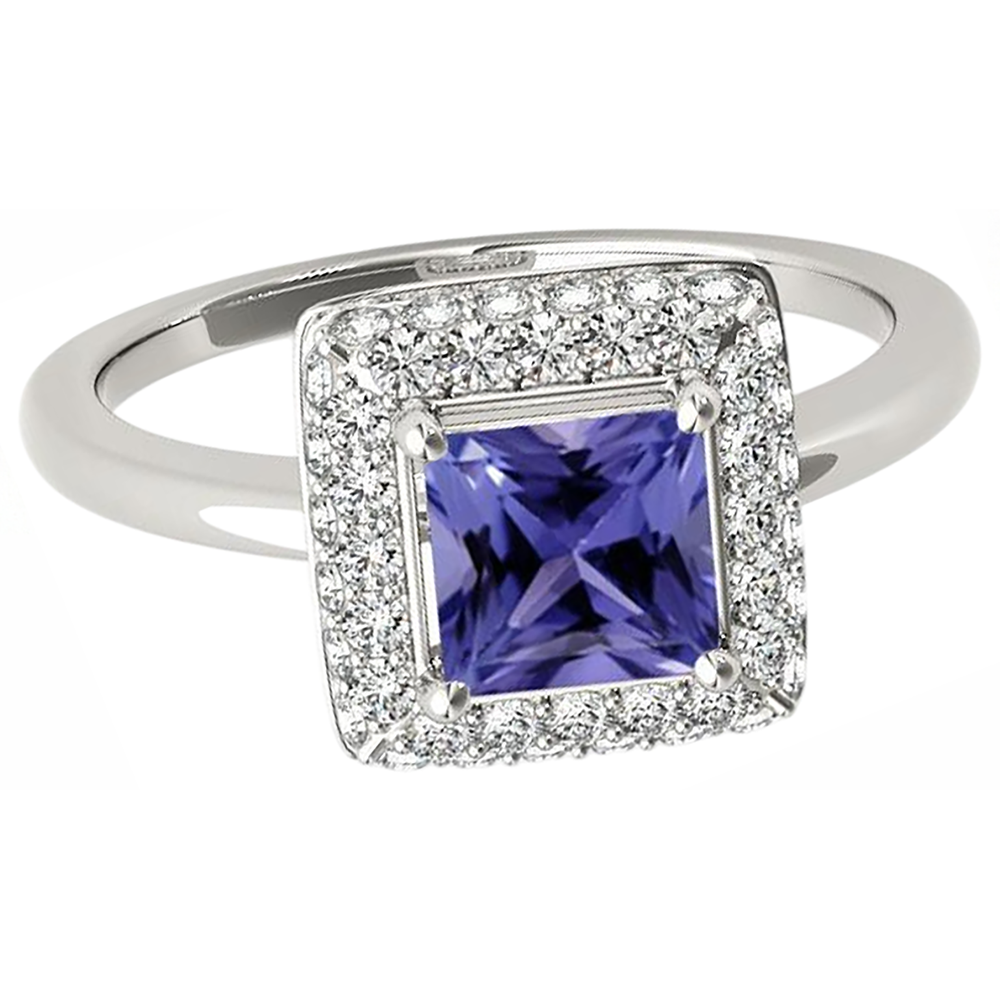 1,50 Kt Princess Cut Tansanit mit Aus der Erde Abgebauter Natürlicher Diamantring Weißgold