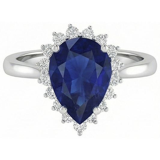 1,75 Kt Blauer Saphir im Birnenschliff mit Aus der Erde Abgebauter Natürlicher Diamantring Lady Gold
