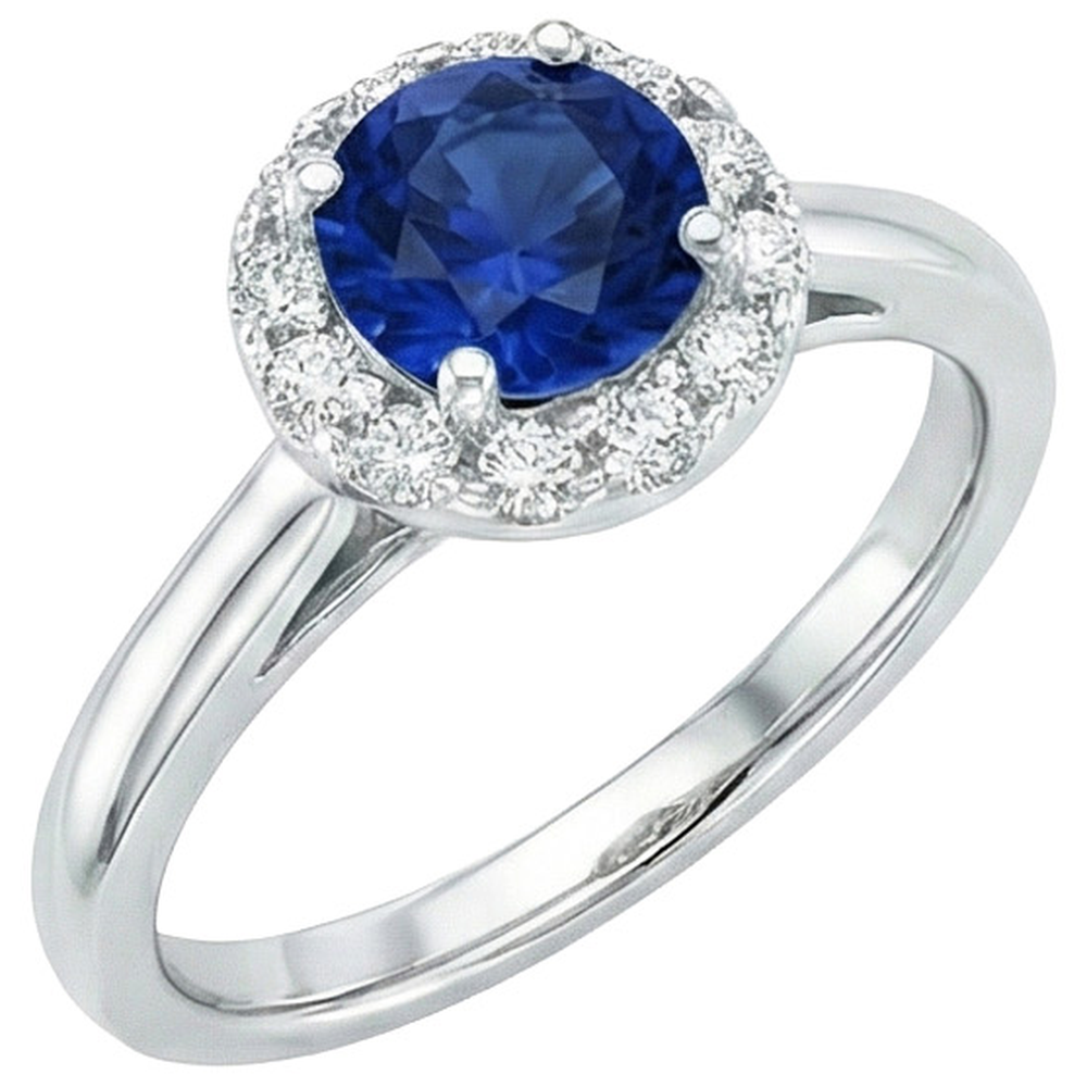 2.10 Karat Runder Ceylon Blauer Saphir Und Aus der Erde Abgebauter Natürlicher Diamant Ring Weißgold 14K