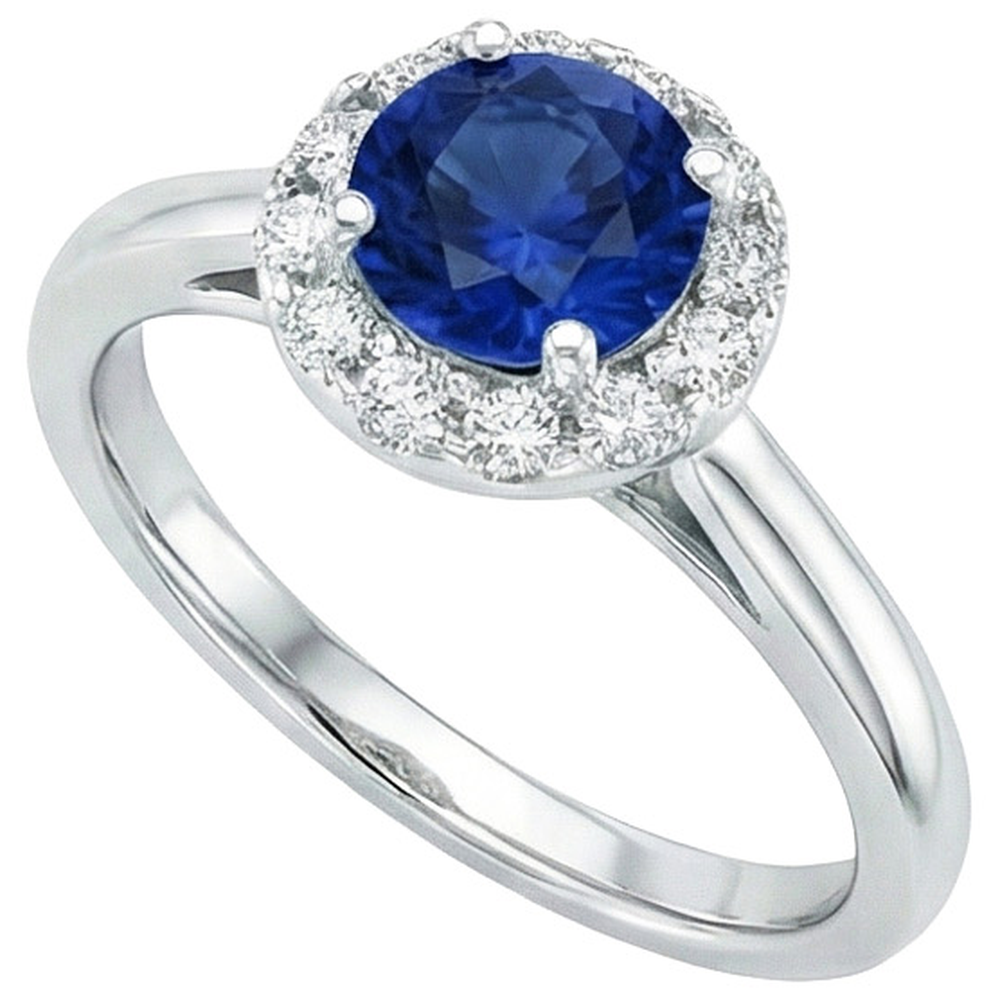 2.10 Karat Runder Ceylon Blauer Saphir Und Aus der Erde Abgebauter Natürlicher Diamant Ring Weißgold 14K