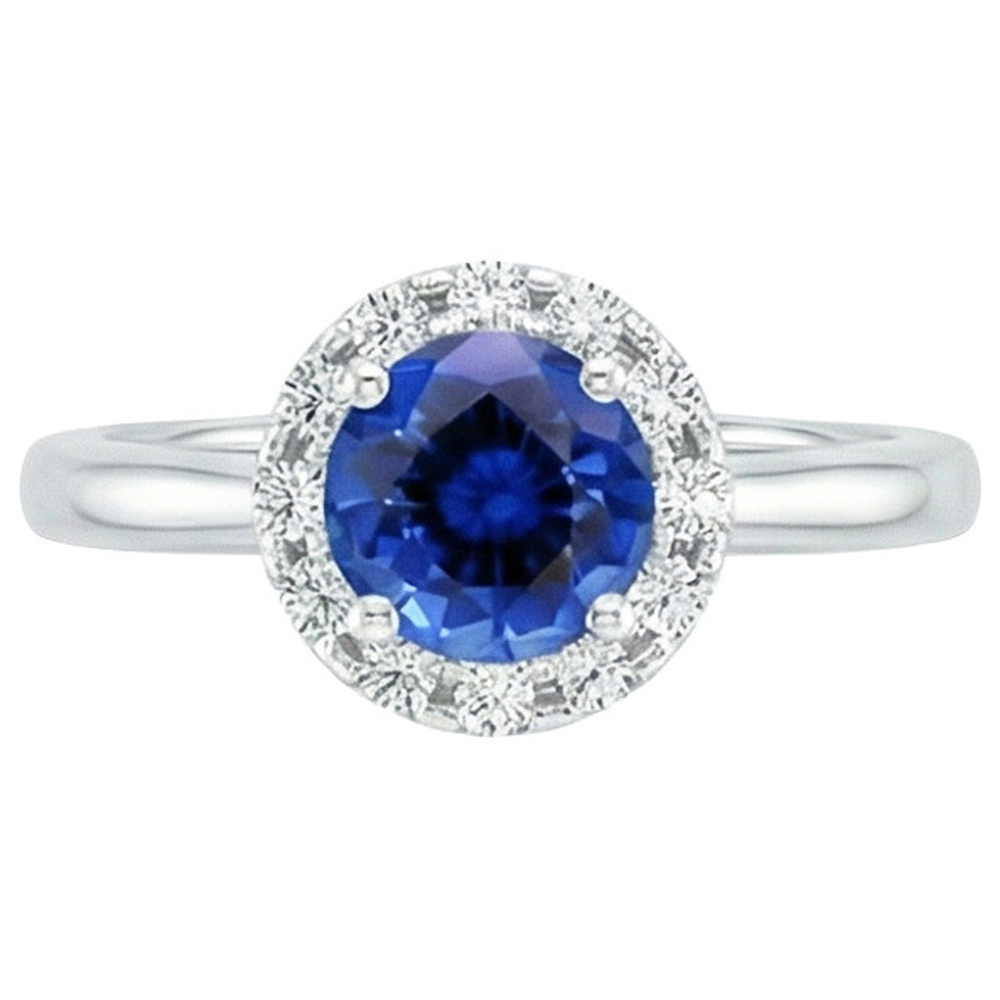 2.10 Karat Runder Ceylon Blauer Saphir Und Aus der Erde Abgebauter Natürlicher Diamant Ring Weißgold 14K