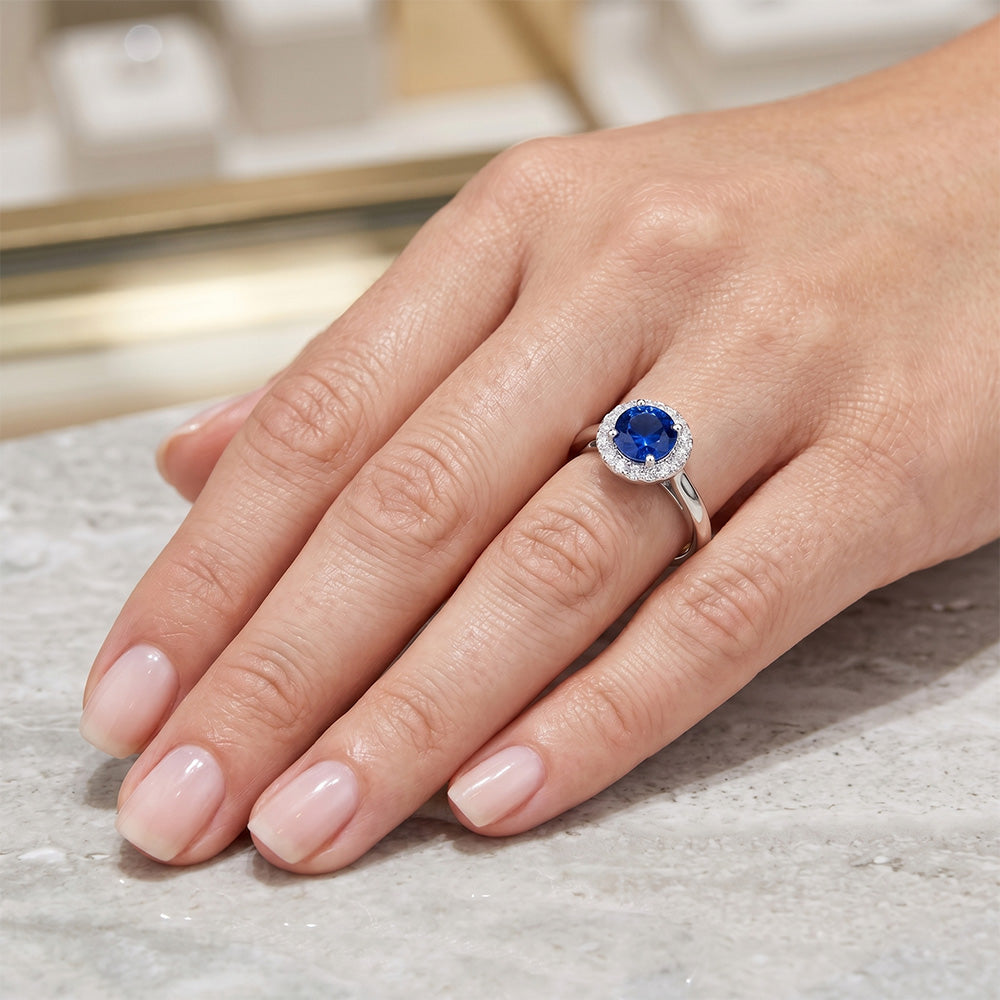 2.10 Karat Runder Ceylon Blauer Saphir Und Aus der Erde Abgebauter Natürlicher Diamant Ring Weißgold 14K
