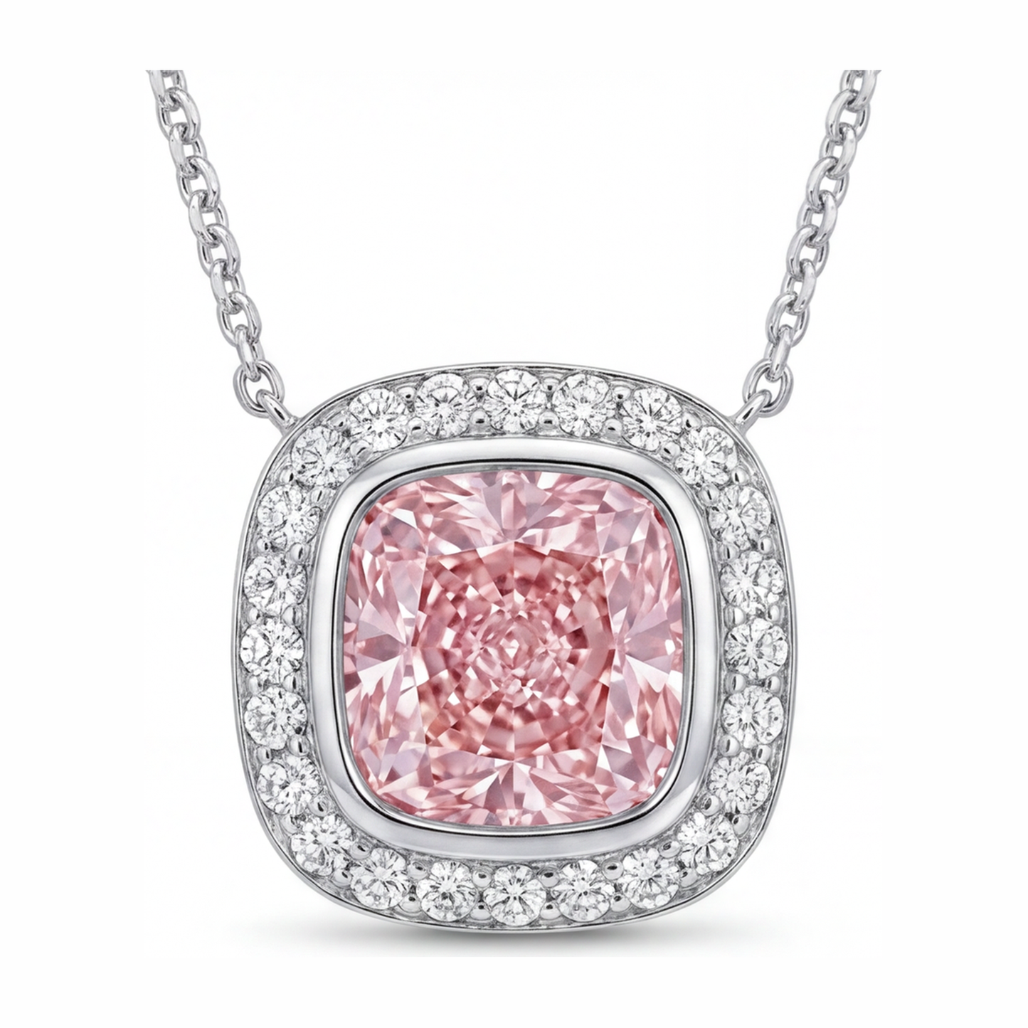 Rosa Diamant-Halskette 2,25 Karat im Labor gezüchtet Kissenschliff-Halo-Anhänger 14 Karat Weißgold