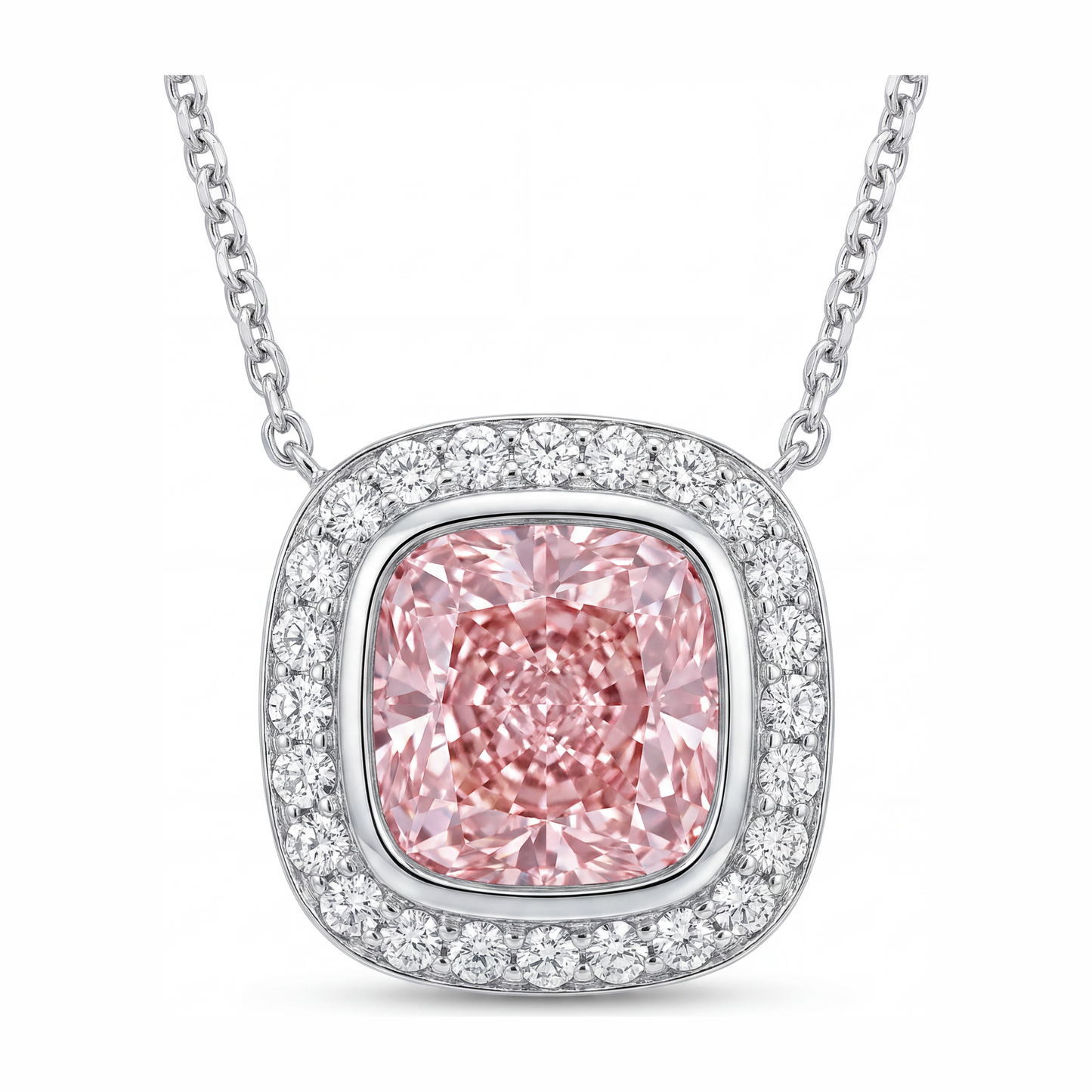 Rosa Diamant-Halskette 2,25 Karat im Labor gezüchtet Kissenschliff-Halo-Anhänger 14 Karat Weißgold