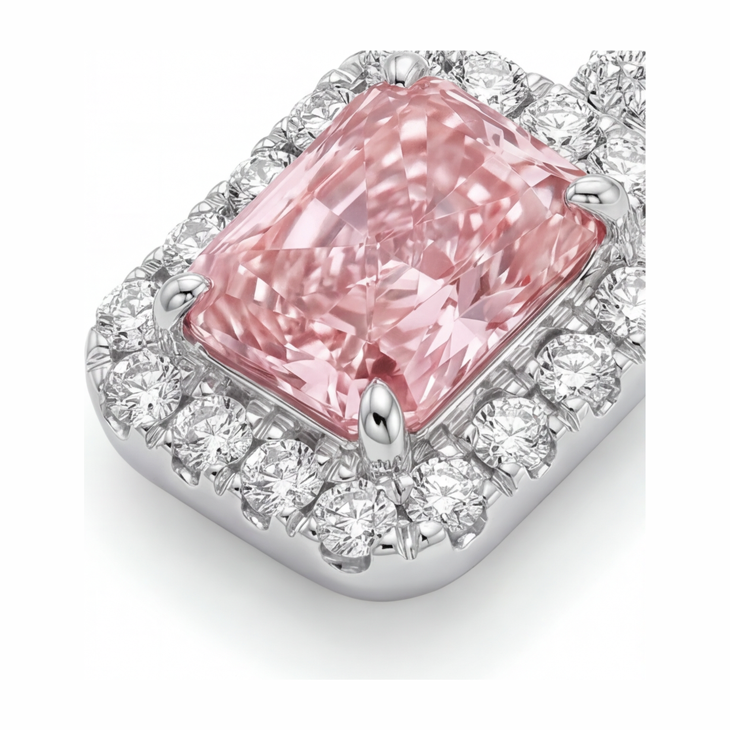 Rosa Diamant Halskette 2,25 Karat im Labor gezüchteter Radiant Halo Anhänger 14 Karat Weißgold