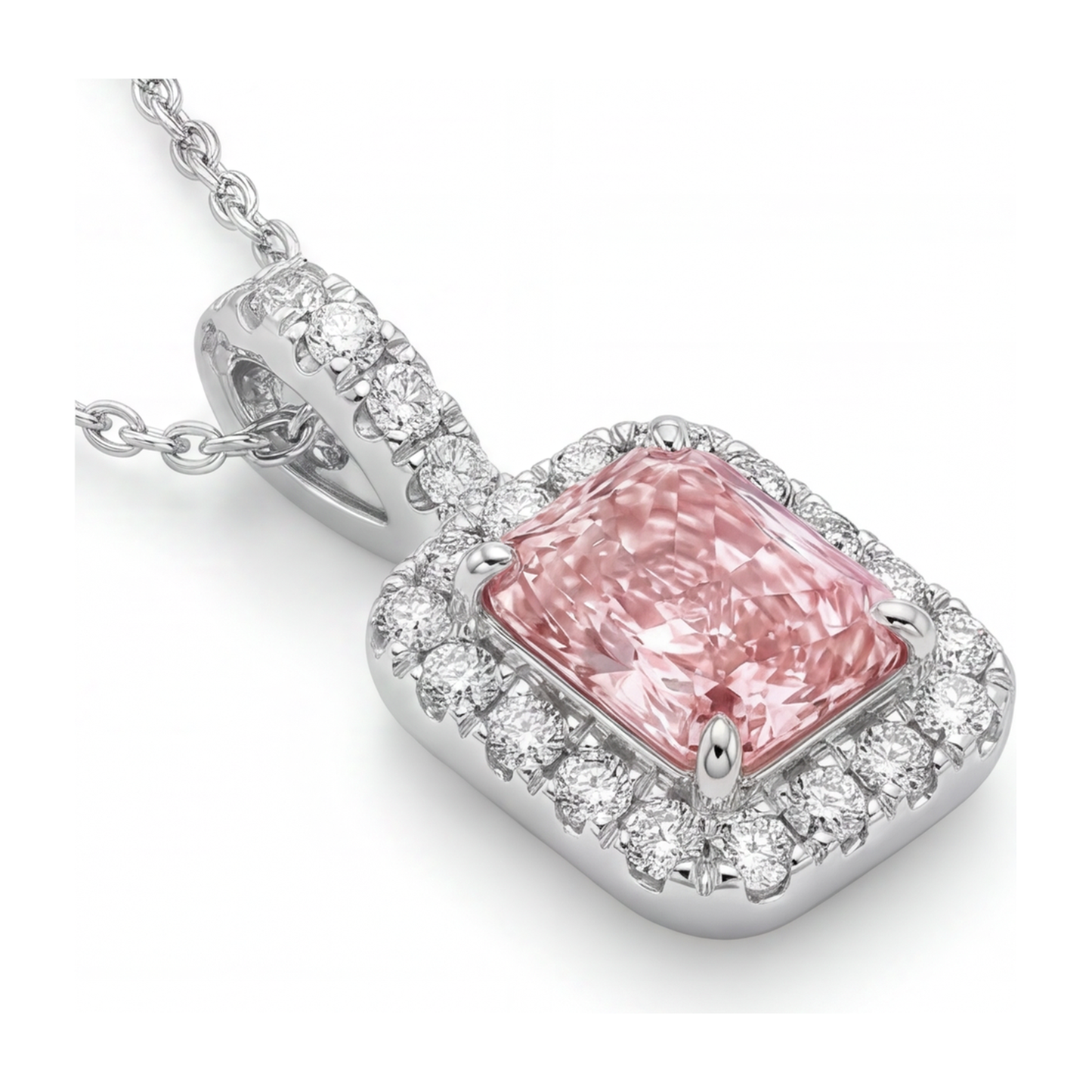 Rosa Diamant Halskette 2,25 Karat im Labor gezüchteter Radiant Halo Anhänger 14 Karat Weißgold