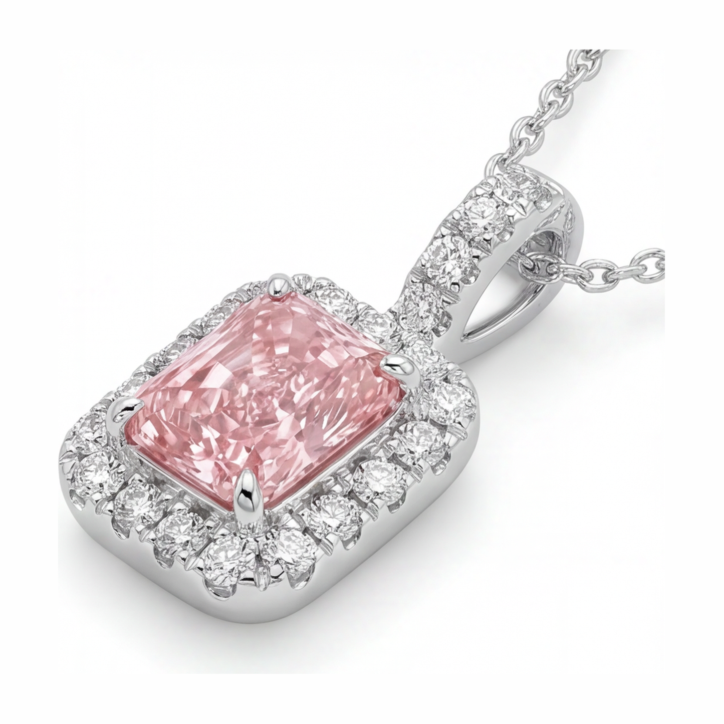 Rosa Diamant Halskette 2,25 Karat im Labor gezüchteter Radiant Halo Anhänger 14 Karat Weißgold