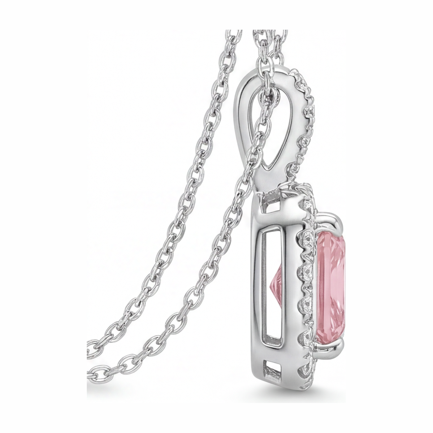 Rosa Diamant Halskette 2,25 Karat im Labor gezüchteter Radiant Halo Anhänger 14 Karat Weißgold