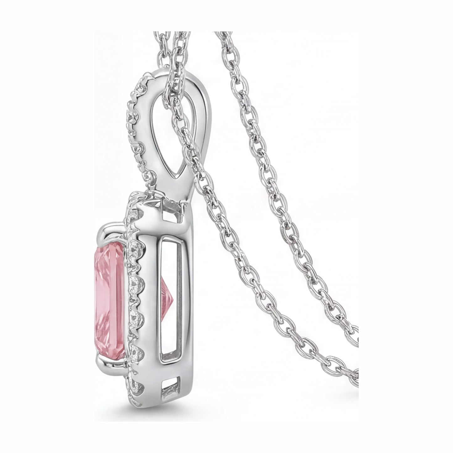 Rosa Diamant Halskette 2,25 Karat im Labor gezüchteter Radiant Halo Anhänger 14 Karat Weißgold