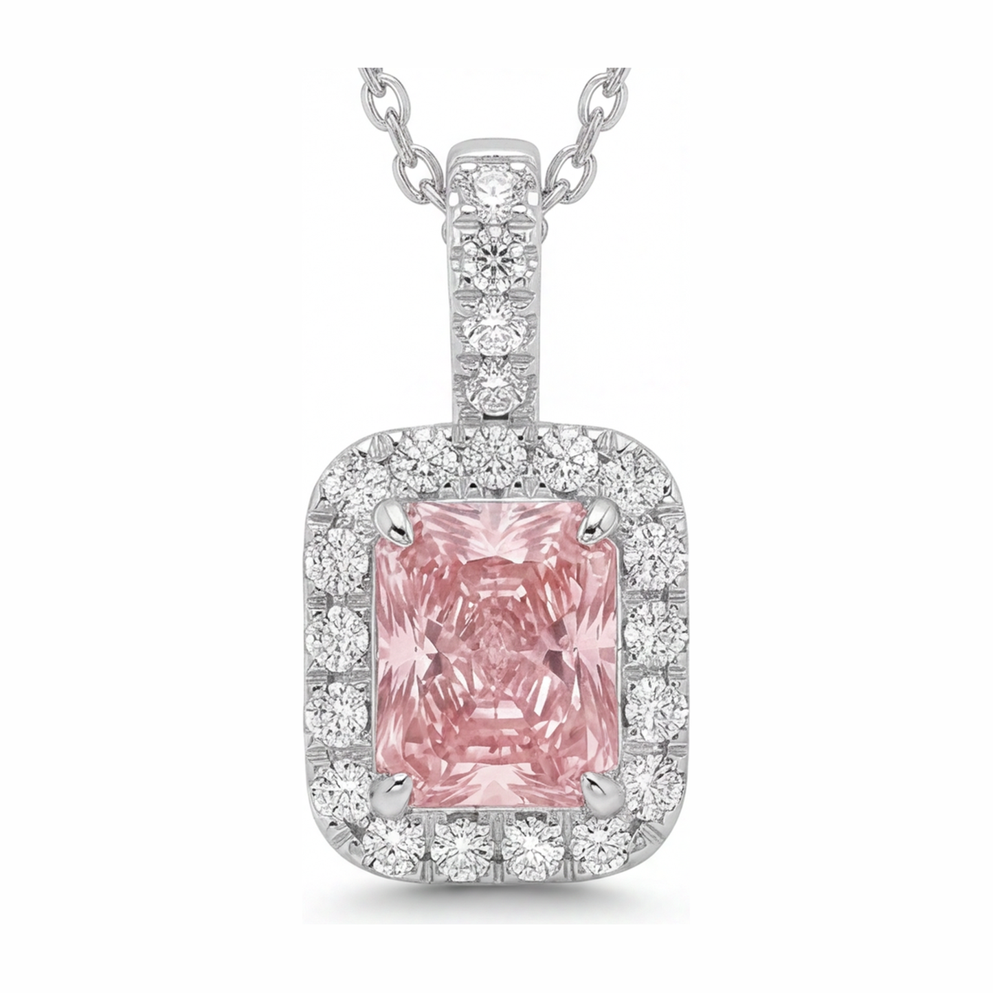 Rosa Diamant Halskette 2,25 Karat im Labor gezüchteter Radiant Halo Anhänger 14 Karat Weißgold