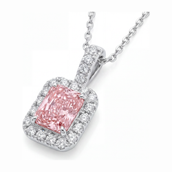 Rosa Diamant Halskette 2,25 Karat im Labor gezüchteter Radiant Halo Anhänger 14 Karat Weißgold