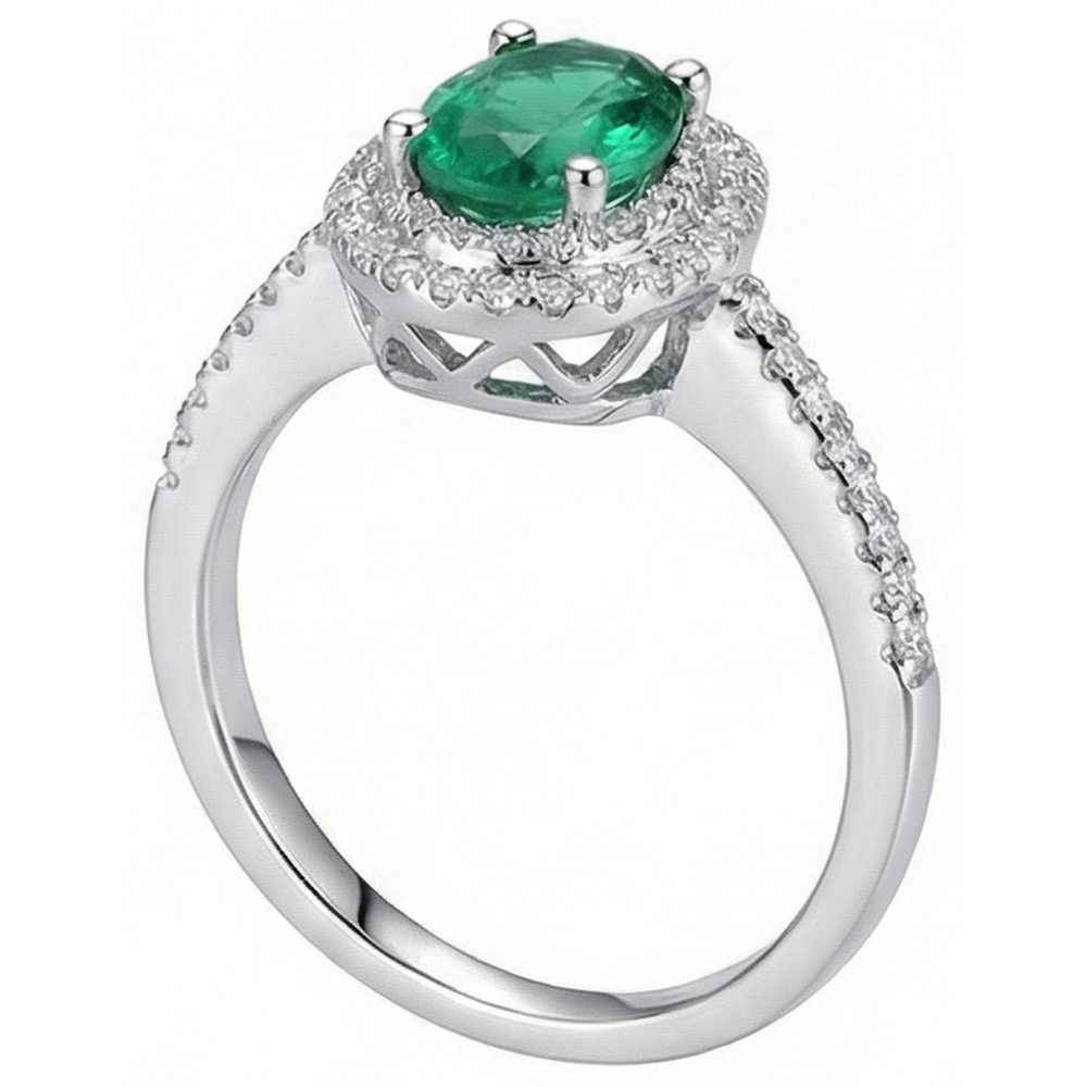 2.5 Kt Grüner Smaragd Ovalschliff und Aus der Erde Abgebauter Natürlicher Diamant Ehering Weißgold 14K