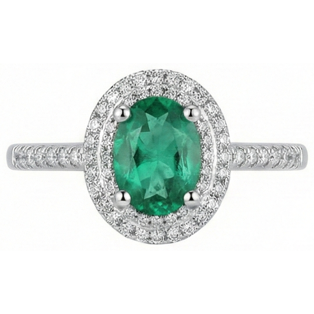 2.5 Kt Grüner Smaragd Ovalschliff und Aus der Erde Abgebauter Natürlicher Diamant Ehering Weißgold 14K