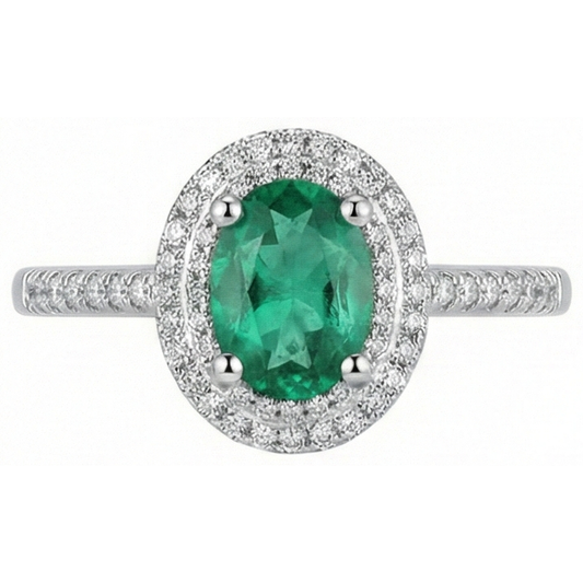 2.5 Kt Grüner Smaragd Ovalschliff und Aus der Erde Abgebauter Natürlicher Diamant Ehering Weißgold 14K