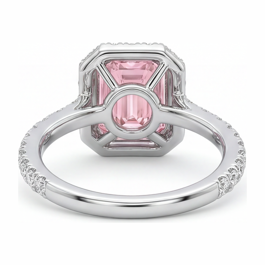 Ring mit rosa Diamant, 2,5 Karat, im Labor gezüchtet, Smaragdschliff, Halo, 14 Karat Weißgold