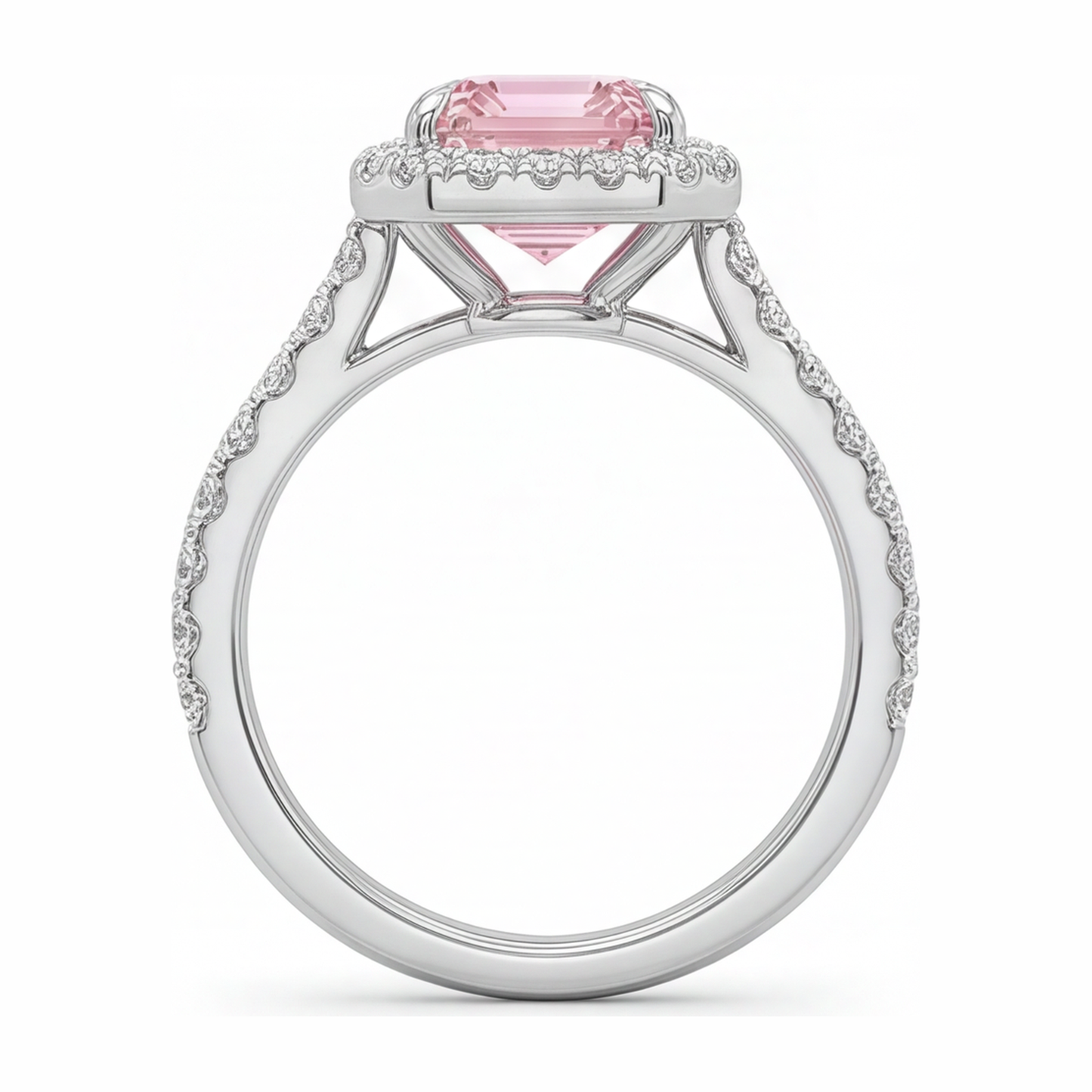 Ring mit rosa Diamant, 2,5 Karat, im Labor gezüchtet, Smaragdschliff, Halo, 14 Karat Weißgold