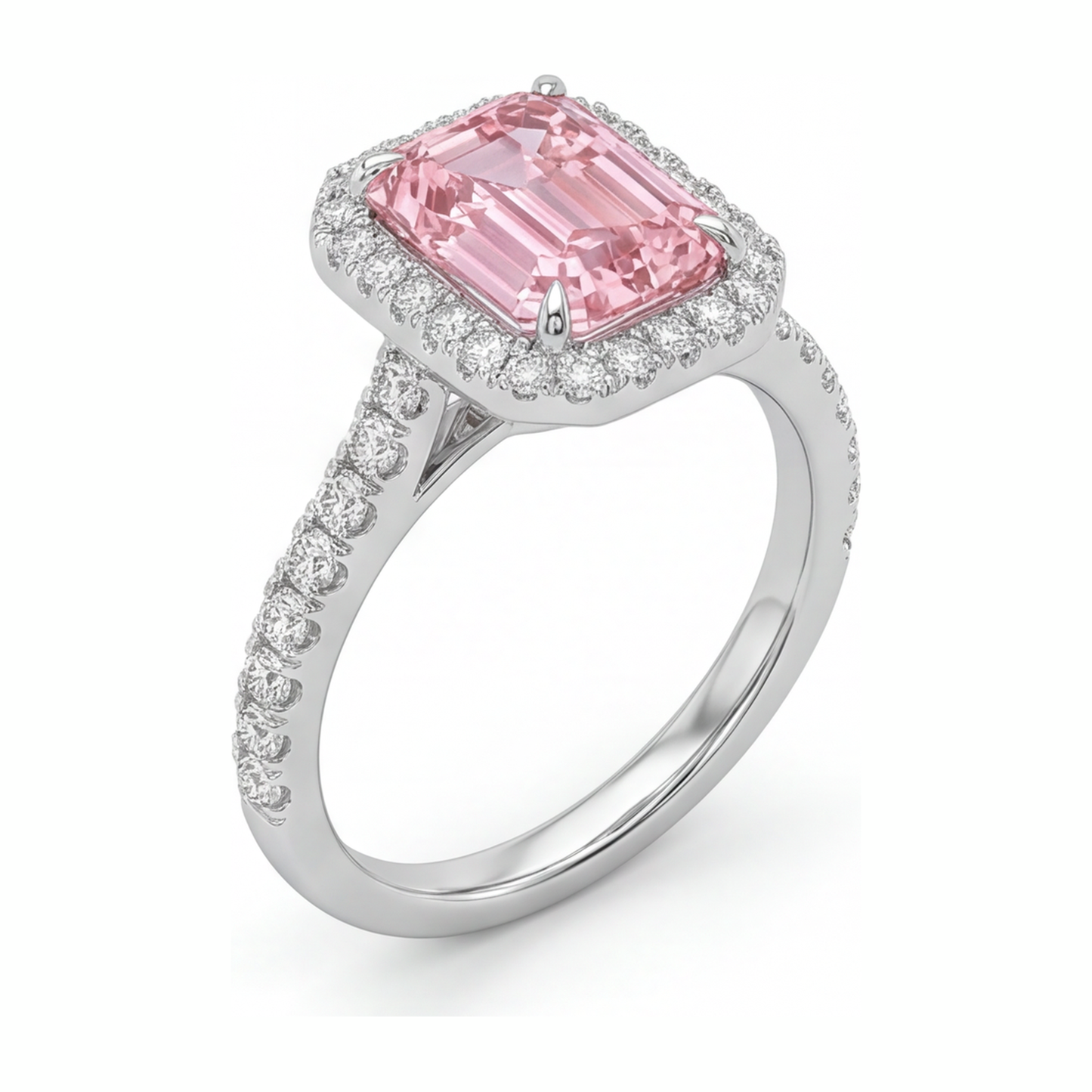 Ring mit rosa Diamant, 2,5 Karat, im Labor gezüchtet, Smaragdschliff, Halo, 14 Karat Weißgold