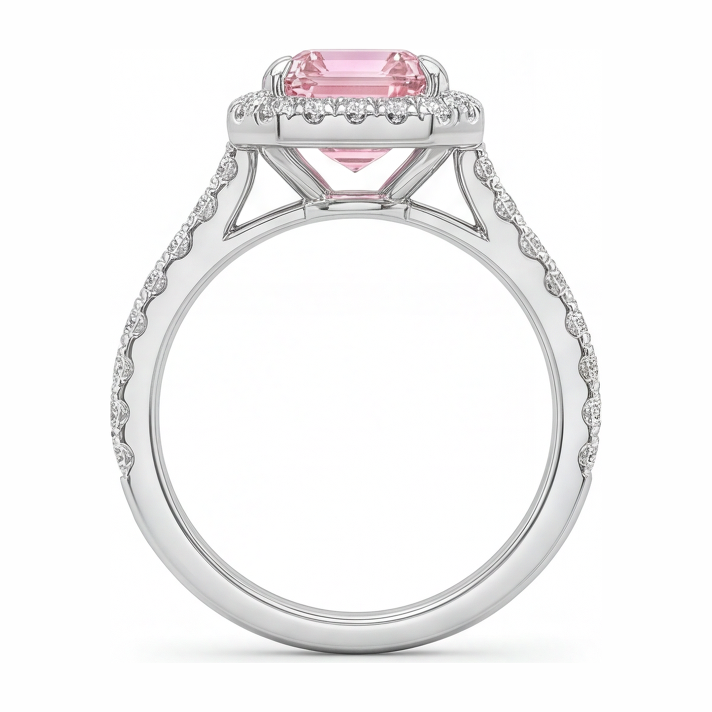 Ring mit rosa Diamant, 2,5 Karat, im Labor gezüchtet, Smaragdschliff, Halo, 14 Karat Weißgold
