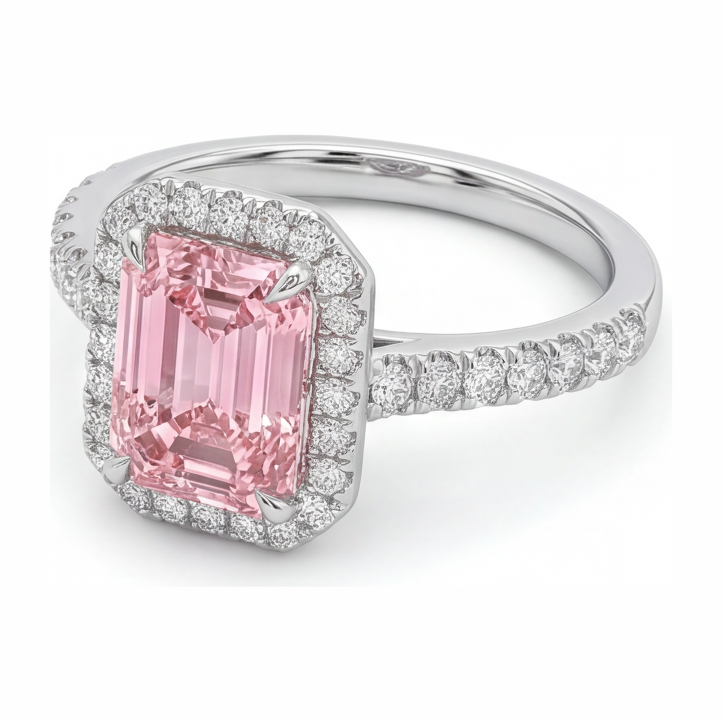Ring mit rosa Diamant, 2,5 Karat, im Labor gezüchtet, Smaragdschliff, Halo, 14 Karat Weißgold