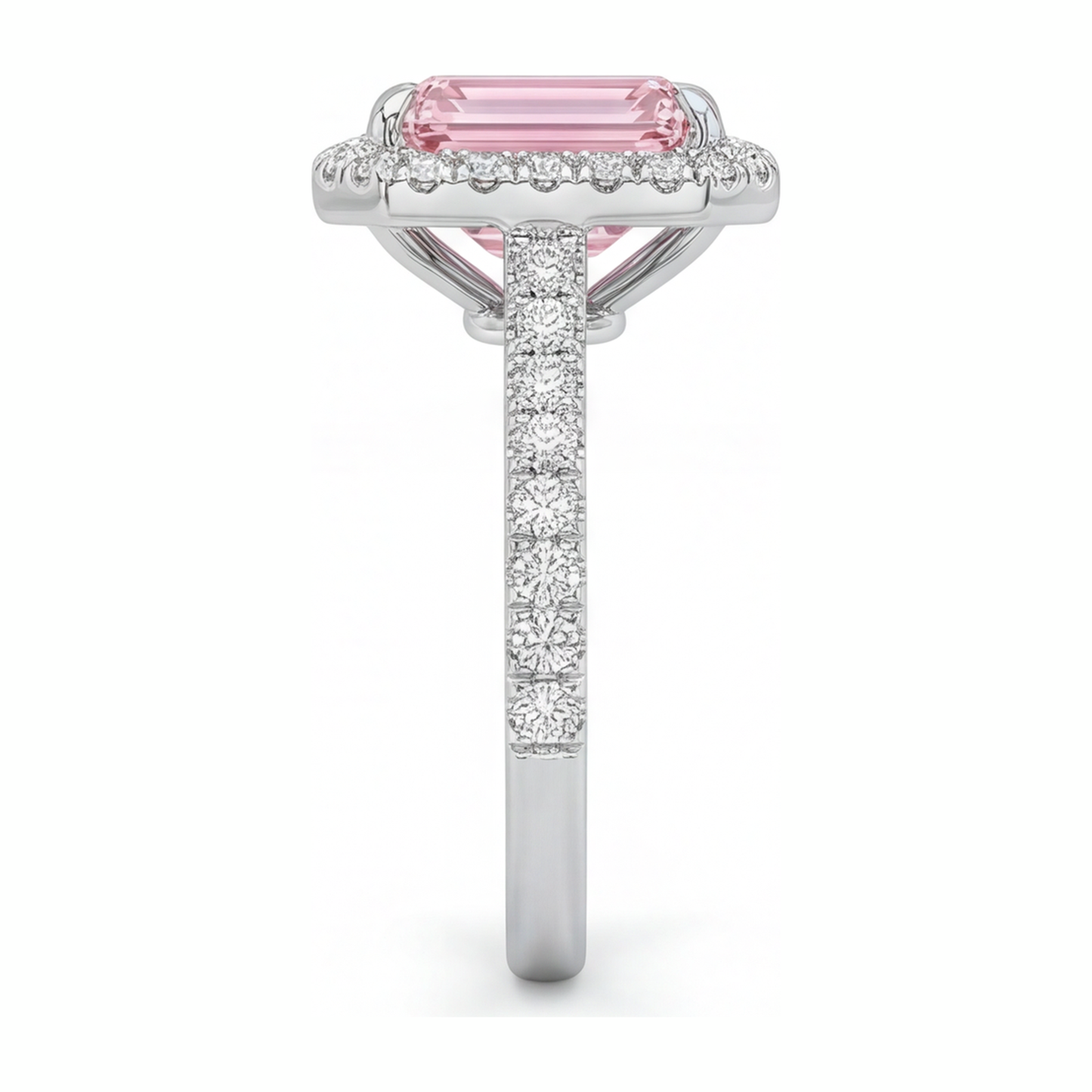 Ring mit rosa Diamant, 2,5 Karat, im Labor gezüchtet, Smaragdschliff, Halo, 14 Karat Weißgold