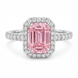 Ring mit rosa Diamant, 2,5 Karat, im Labor gezüchtet, Smaragdschliff, Halo, 14 Karat Weißgold