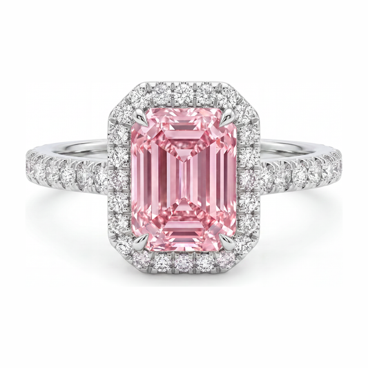 Ring mit rosa Diamant, 2,5 Karat, im Labor gezüchtet, Smaragdschliff, Halo, 14 Karat Weißgold