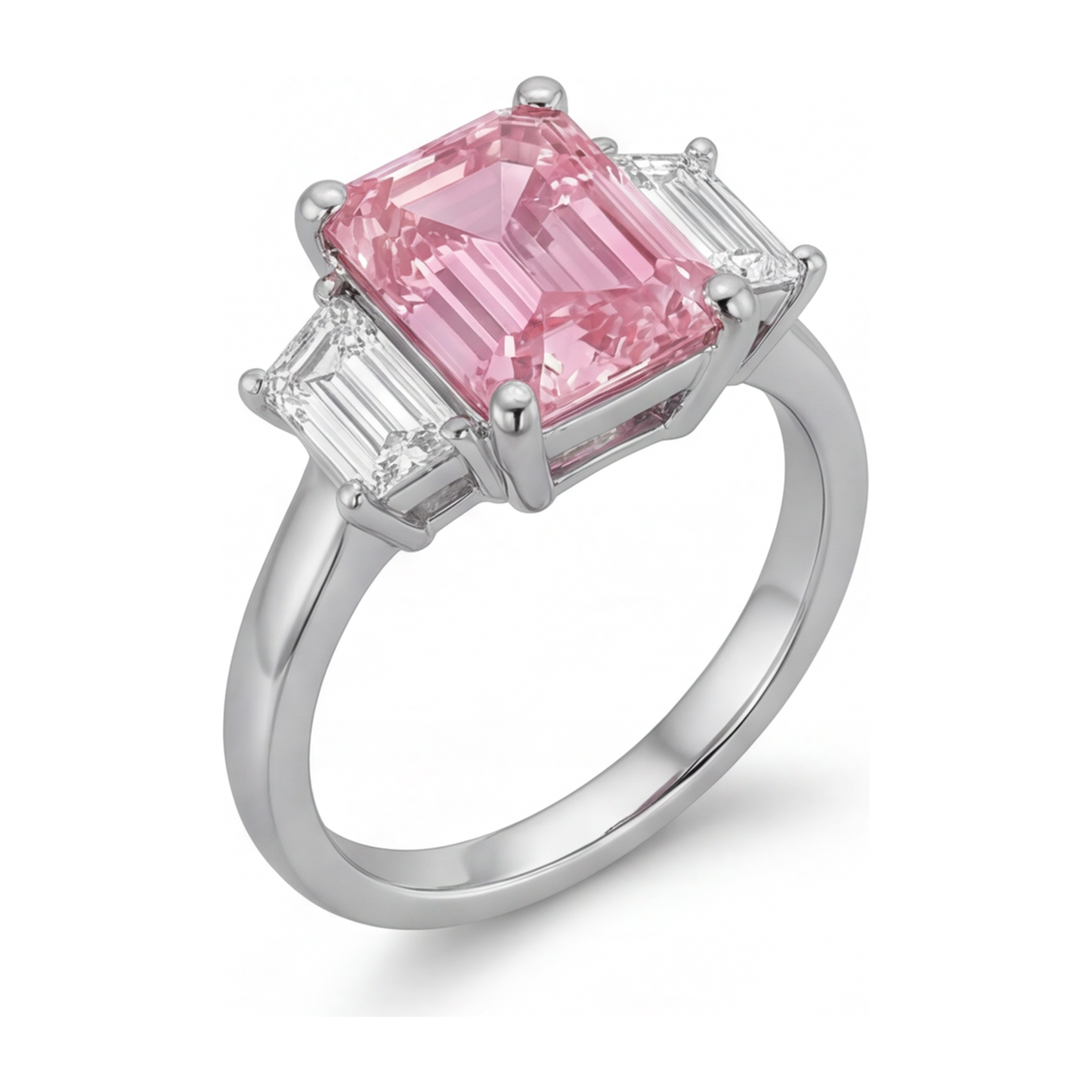 Schlichter Dreistein-Ring aus 14 Karat Weißgold mit im Labor gezüchtetem rosa Diamanten im Smaragdschliff, 2,5 Karat