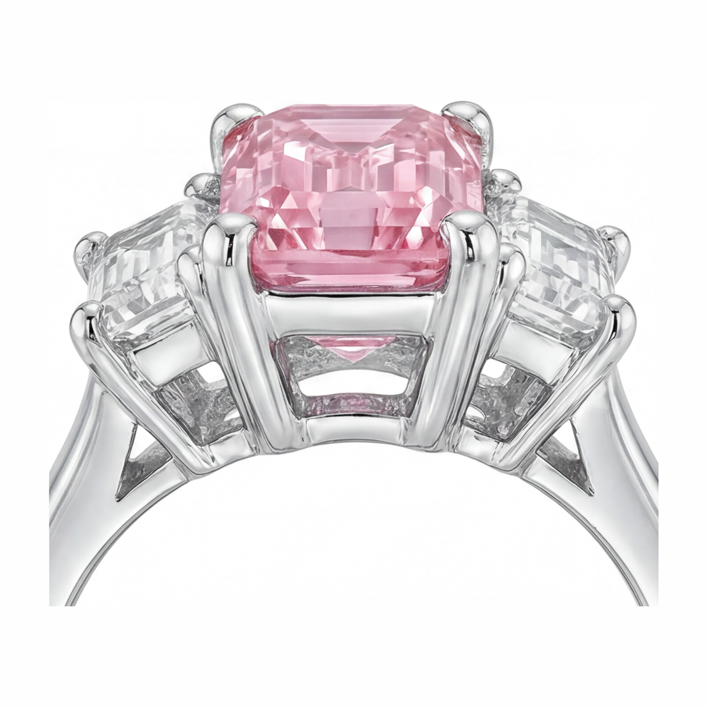 Verlobungsring mit rosa Diamant, 2,5 Karat, im Labor gezüchtet, Smaragdschliff, Drei Steine, Kathedral-Fassung, 14 Karat Weißgold
