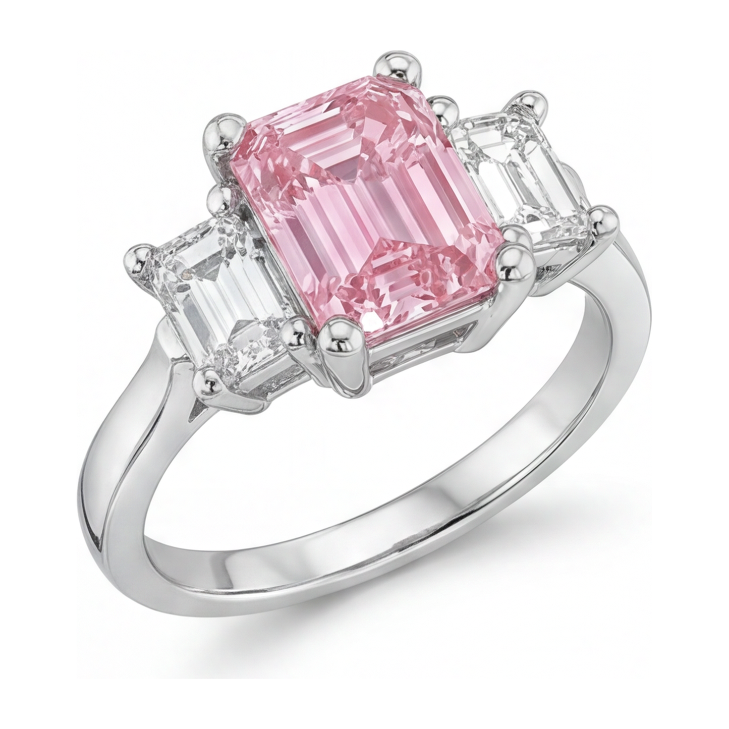 Verlobungsring mit rosa Diamant, 2,5 Karat, im Labor gezüchtet, Smaragdschliff, Drei Steine, Kathedral-Fassung, 14 Karat Weißgold