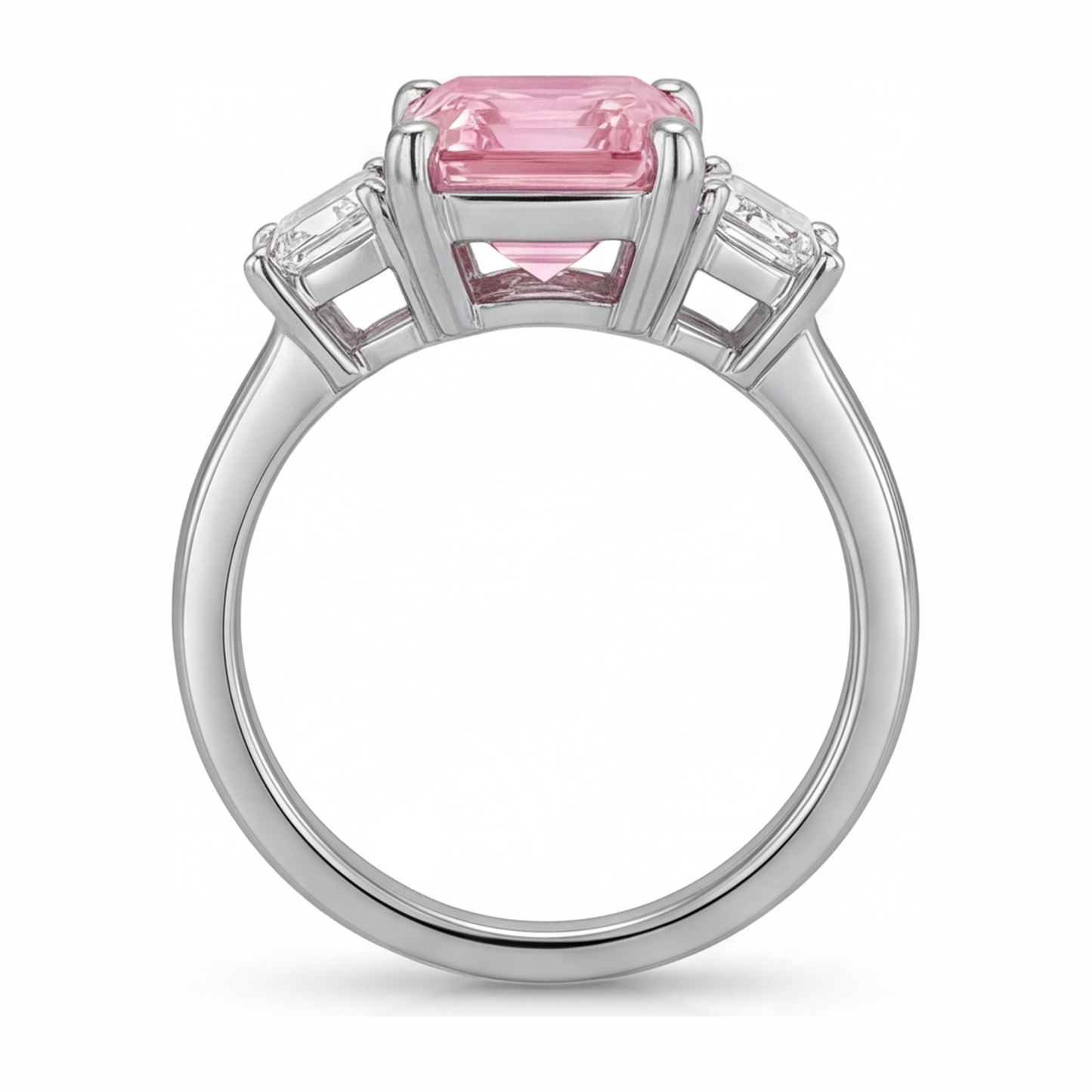 Schlichter Dreistein-Ring aus 14 Karat Weißgold mit im Labor gezüchtetem rosa Diamanten im Smaragdschliff, 2,5 Karat