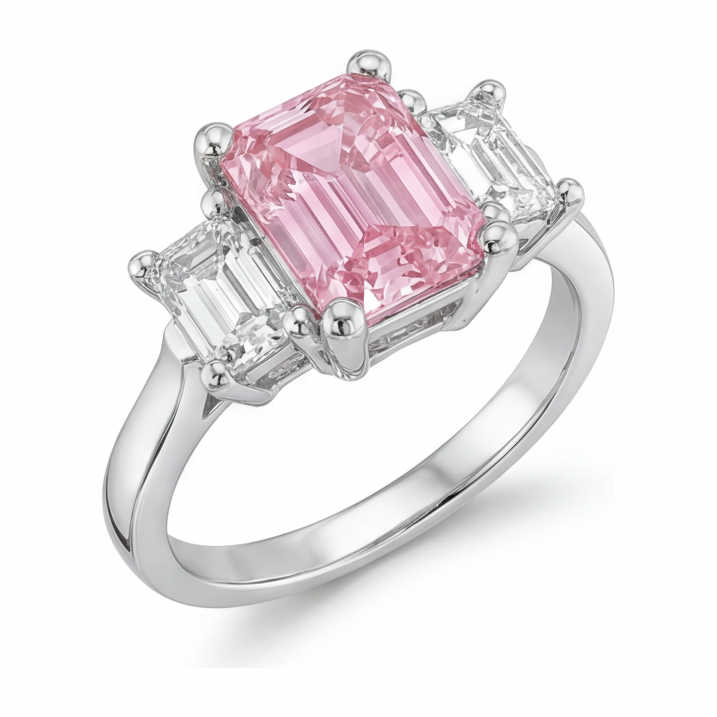 Verlobungsring mit rosa Diamant, 2,5 Karat, im Labor gezüchtet, Smaragdschliff, Drei Steine, Kathedral-Fassung, 14 Karat Weißgold