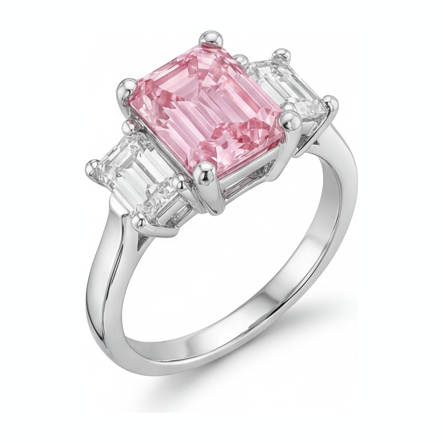 Verlobungsring mit rosa Diamant, 2,5 Karat, im Labor gezüchtet, Smaragdschliff, Drei Steine, Kathedral-Fassung, 14 Karat Weißgold