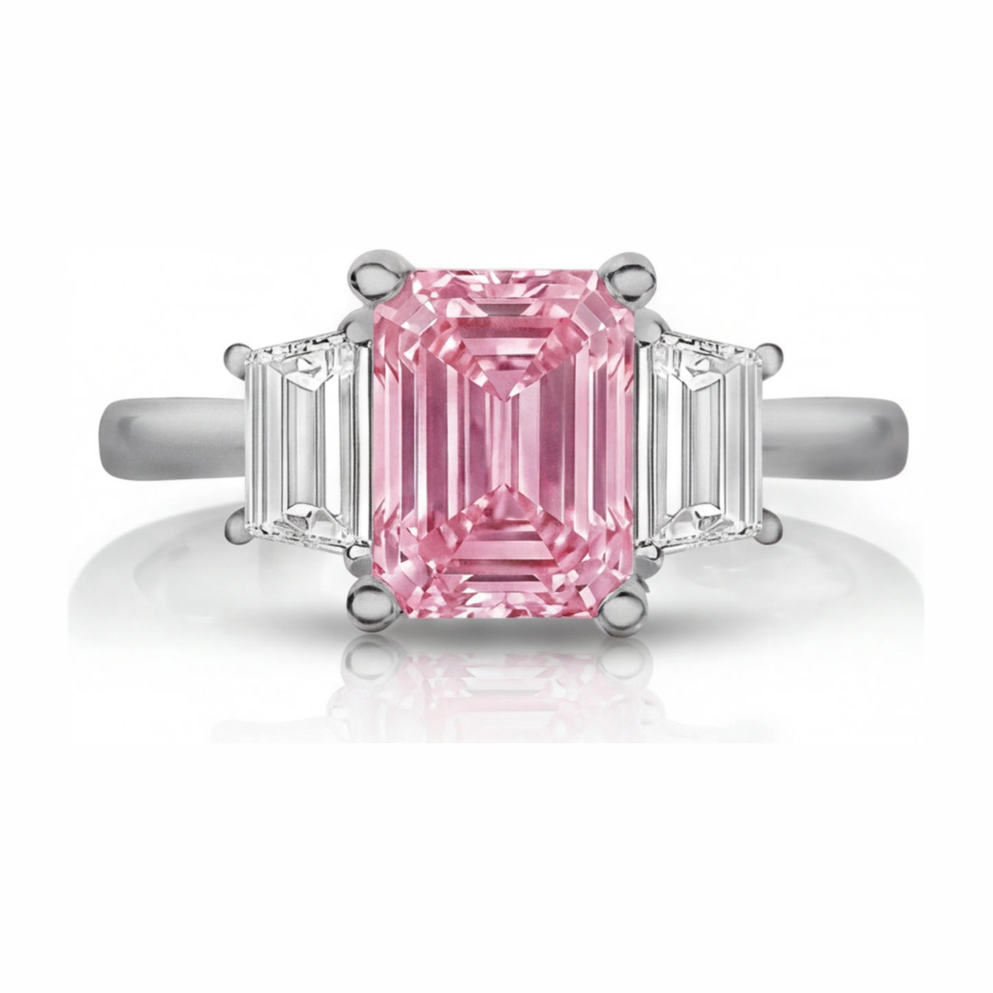 Schlichter Dreistein-Ring aus 14 Karat Weißgold mit im Labor gezüchtetem rosa Diamanten im Smaragdschliff, 2,5 Karat