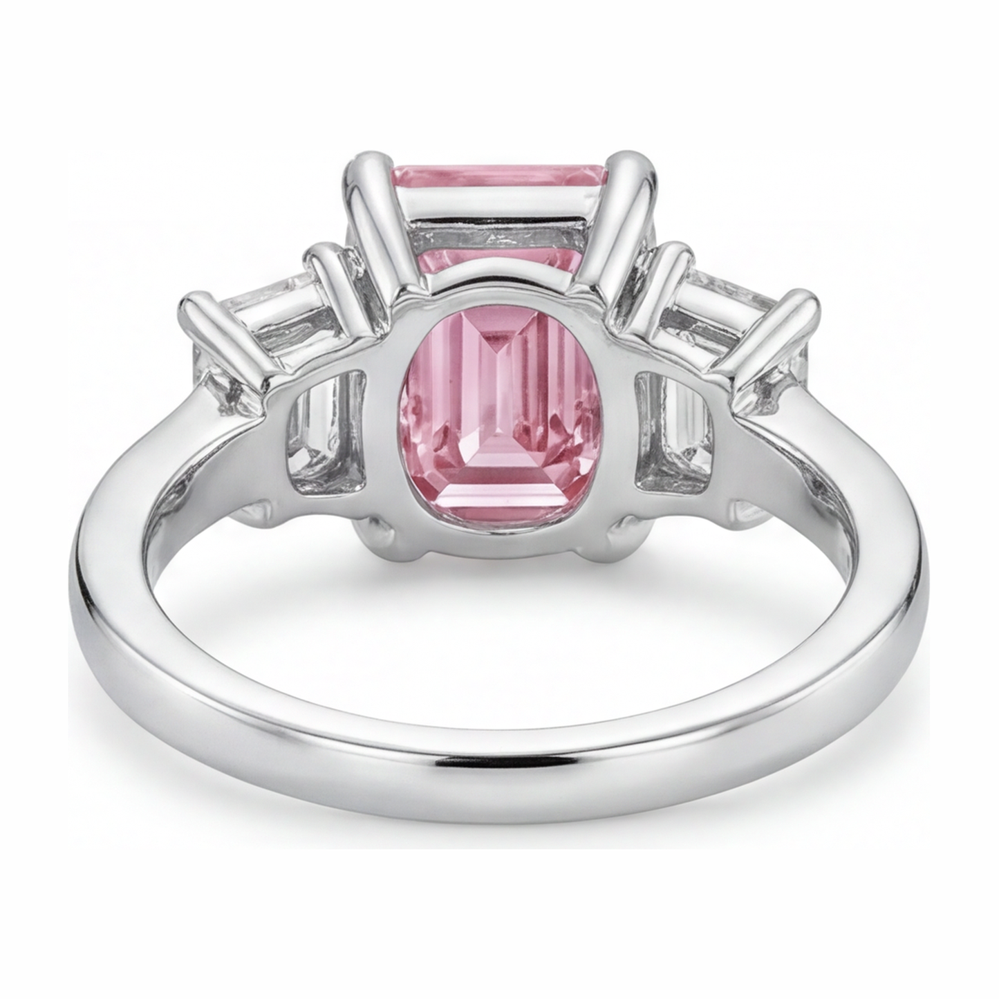Verlobungsring mit rosa Diamant, 2,5 Karat, im Labor gezüchtet, Smaragdschliff, Drei Steine, Kathedral-Fassung, 14 Karat Weißgold